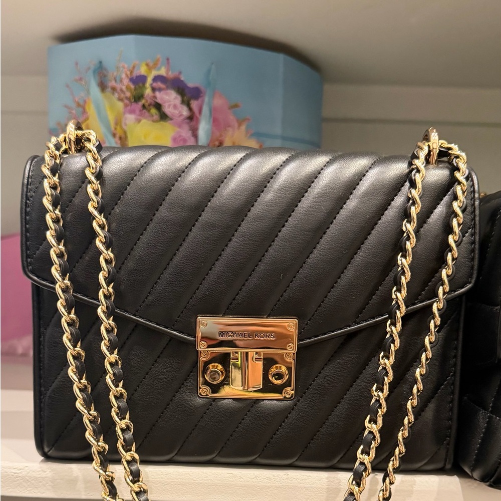 Michael Kors Black Quilted Shoulder Bag with Gold Chain